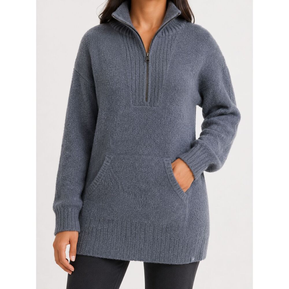 Barefoot Dreams CozyChic Lite Tunic Sweater M Gray Quarter Zip Funnel Neck